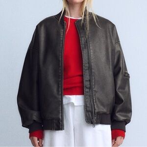 Zara distressed faux leather oversized bomber jacket
